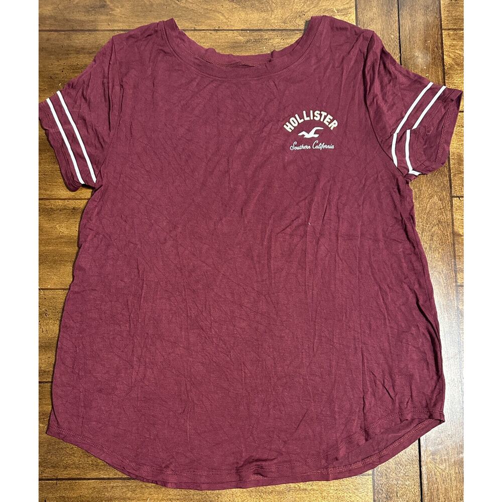 hollister womens short sleeve shirt medium Burgundy‎ W White Stripes Sleeves